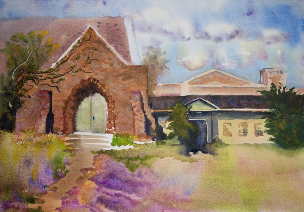 Creeping Thyme, original watercolor painting of a purple thyme path leading up to a stone building with a walk through arch and a white building to the right