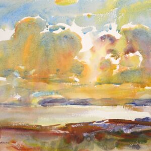 Original Watercolor Painting by Eric Wiegardt. Loose style painting of golden clouds reflecting the brilliant sun over a body of water on the coastline.