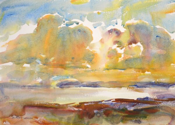 Original Watercolor Painting by Eric Wiegardt. Loose style painting of golden clouds reflecting the brilliant sun over a body of water on the coastline.