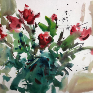 Original Watercolor painting on red flowers with stems on a white background.