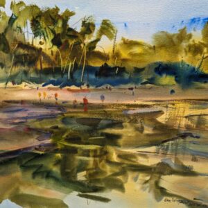 Eric Wiegardt Original watercolor painting of a beach with lush greenery in the background. Vibrant colors depict the shoreline, trees, and a few figures on the sand.