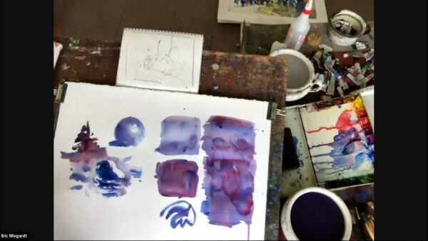 Painting on an artists easel with purples, blues and other colors displaying techniques for painting rocks.