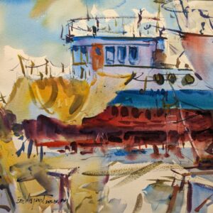 Original watercolor painting of a boatyard with vibrant splashes of yellow, red, blue, and brown. The composition includes boat shapes and dock elements.