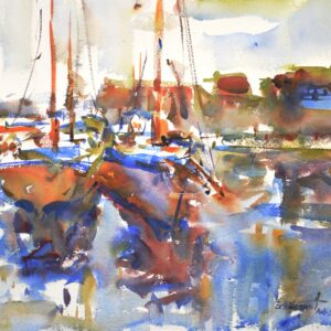 4629 Honfleur Harbor, Eric Wiegardt original Watercolor Painting of orange, blue and purple colored sail boats in a harbor of mostly blues with tan and oranges with a white sky.