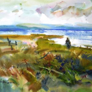 4630 Willapa Search, Eric Wiegardt Original Watercolor Painting of a lone person walking along a body of water. The shore is lined with tall grasses of greens, browns, and tans with clouded sky.