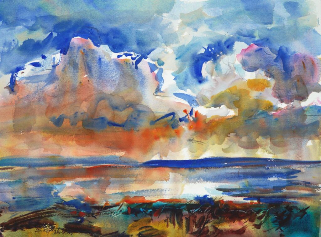 4633 Shoalwater Sunrise, Eric Wiegardt Original Watercolor Painting with brilliant blues in the water below and the shy above with white, orange and red clouds reflecting on the water below. Light reflects through the clouds to the water and land beneath.