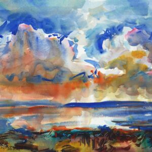 4633 Shoalwater Sunrise, Eric Wiegardt Original Watercolor Painting with brilliant blues in the water below and the shy above with white, orange and red clouds reflecting on the water below. Light reflects through the clouds to the water and land beneath.