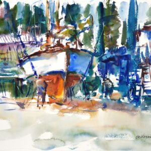 4634 Repair Port Townsend, Eric Wiegardt original watercolor: Lively boat scene with vibrant blues and greens. Loose brushstrokes create a dynamic forest backdrop and reflective water. A central boat in warm orange tones adds visual interest to the energetic composition.