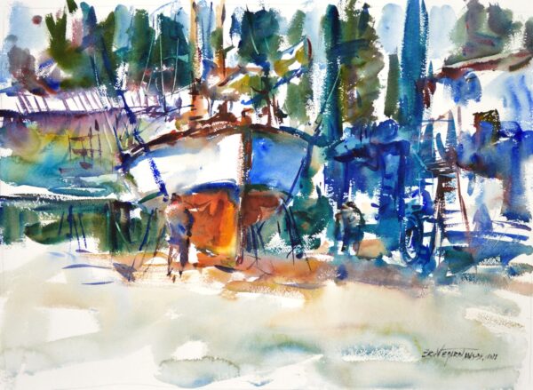 4634 Repair Port Townsend, Eric Wiegardt original watercolor: Lively boat scene with vibrant blues and greens. Loose brushstrokes create a dynamic forest backdrop and reflective water. A central boat in warm orange tones adds visual interest to the energetic composition.