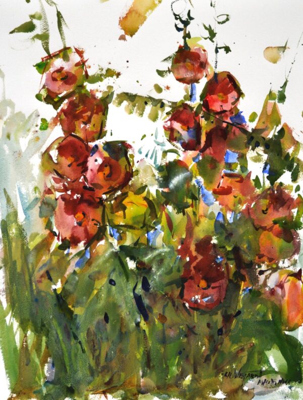 4635 Holly Hocks III, Eric Wiegardt original watercolor watercolor painting of red hollyhocks flowers with green steams and leaves surrounding and white background behind.