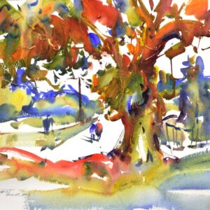 4636 Santa Clarita, Eric Wiegardt original Watercolor Painting of two people strolling down a path with a tree over shadowing. The color is predominantly orangish with blues and greens