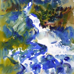 4637 Olympic Falls, Eric Wiegardt Original Watercolor Painting of a white stream with dark blue in the pool below and brown and greens on the banks on the sides.