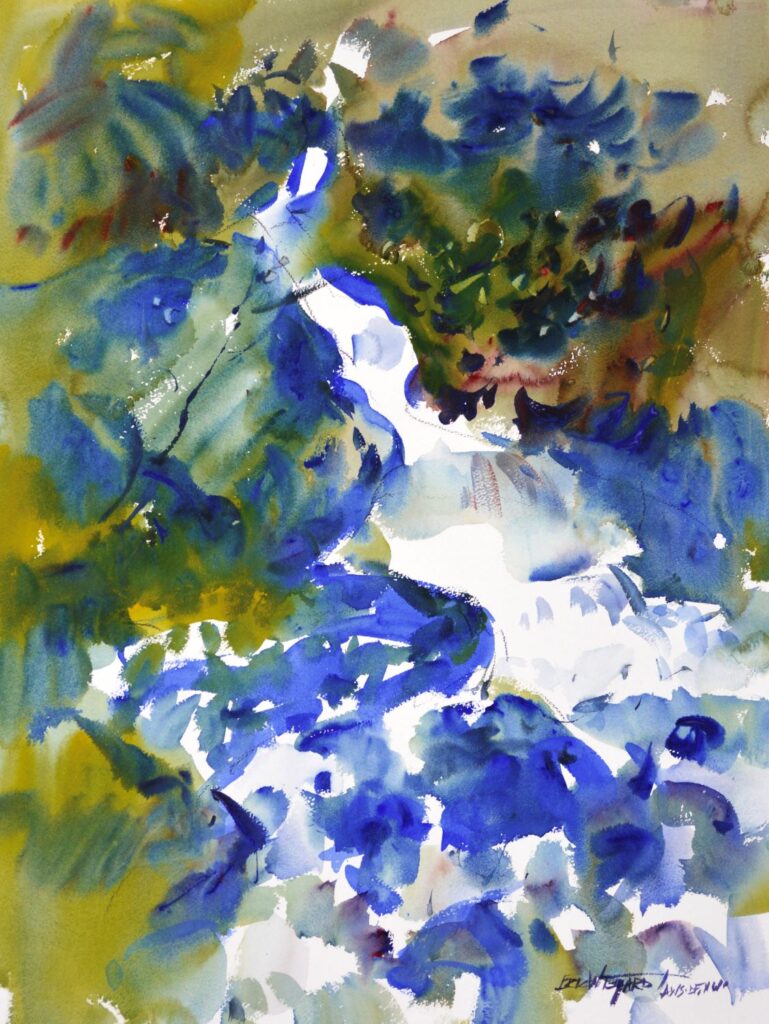 4637 Olympic Falls, Eric Wiegardt Original Watercolor Painting of a white stream with dark blue in the pool below and brown and greens on the banks on the sides.