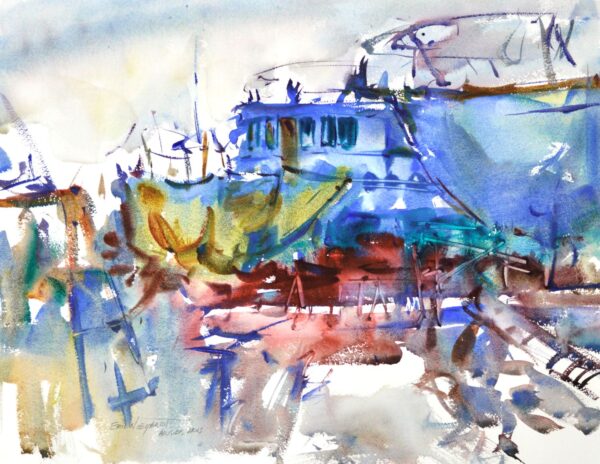 4638 Tug Repair, Eric Wiegardt original watercolor painting of a tug being repaired at port draped with tarps and repair equipment.