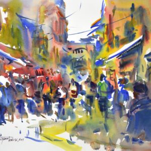 4639 Constance Germany Bustle, Eric Wiegardt original Watercolor Painting of a street bustling with people between buildings in tan and blue tones and the people in bluish, green and brown tones.