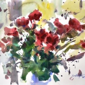 4641 Backlit Roses, Eric Wiegardt original watercolor painting of red roses and greenery backlit with light yellow.