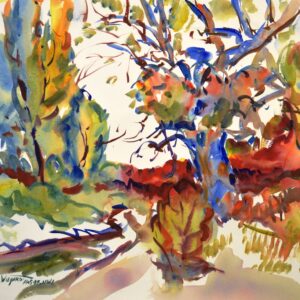 4642 Arroyo II, Eric Wiegardt original Watercolor Painting depicting a tree in brilliant blue and orange tones with other trees in orange and green tones.