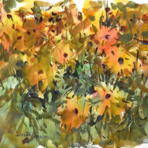 4643 Mums, Eric Wiegardt Original Watercolor Painting of yellow and orangish mums with their green leaves.