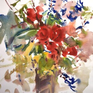 4644 Spring, Eric Wiegardt Original Watercolor Painting of red, pink and dark blue flowers in a brown vase and a white background.