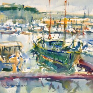 4645 Ilwaco, Eric Wiegardt original watercolor painting of sail boats docked in a harbor