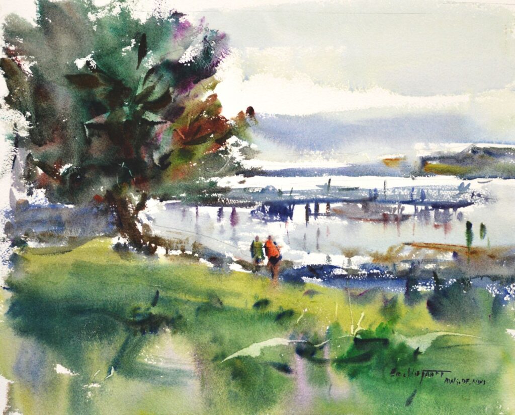 4646 Puget Sound Hike, Eric Wiegardt Original Watercolor Painting of two people on a grassy hill above a harbor with a tree on the left side.