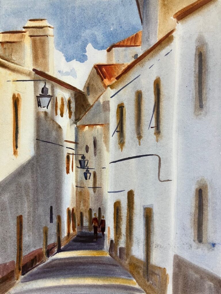 Algarve Street, Portugal, original watercolor painting of a greet with white buildings on either side and people walking on the street