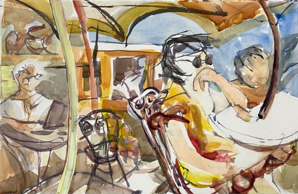 And The Wind Came Up, original watercolor painting of ladies sitting outside at small bistro tables under umbrellas with wind whipped hair a things in disarray