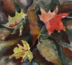 Autumn Leaves, original watercolor painting of orange and yellow leaves on a brown background