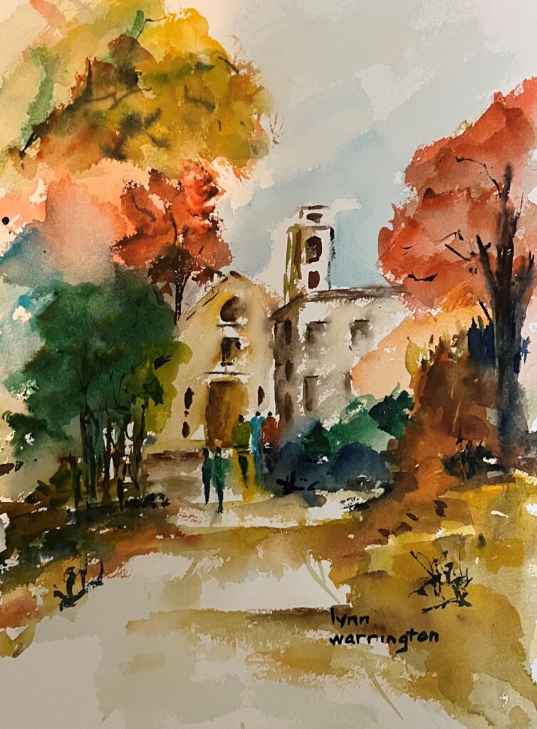 Autumn on Campus, original watercolor painting of college buildings with fall colored trees on either side