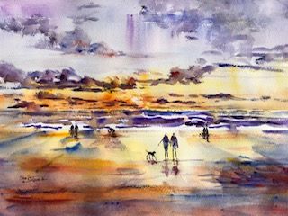 Beach Sunset, orginal watercolor of people and a dog on the beach with a sunset behind them