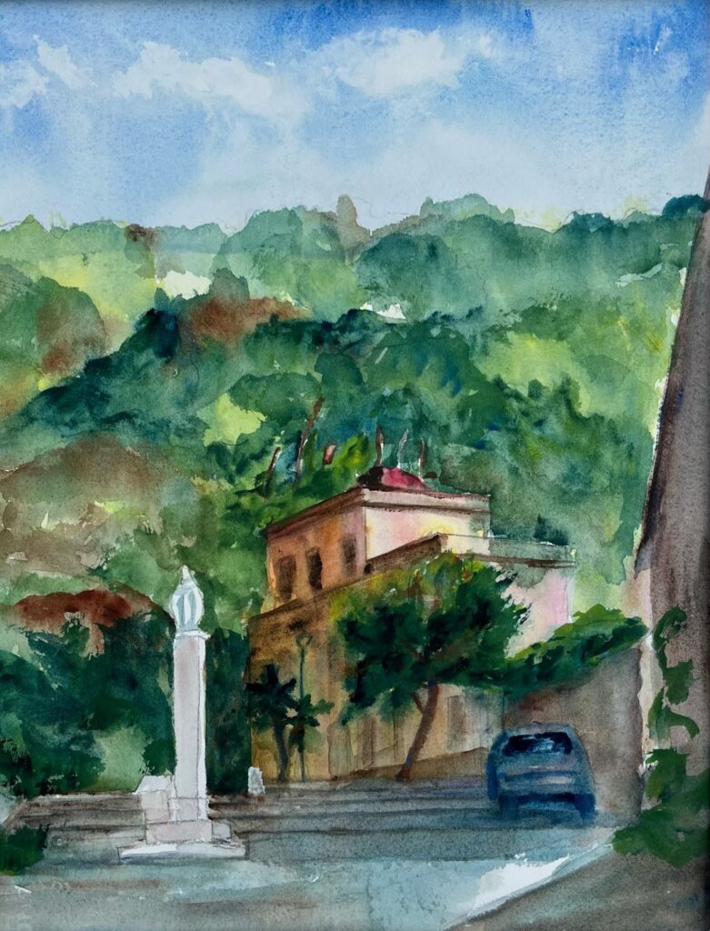 Berchidda Beauty, Sardinia, Italy, original watercolor painting of old stone building with a white pillar and car in front and trees in the background