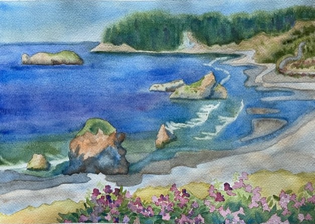 Cape Sebastian, original watercolor painting of a rocky cove with water and trees