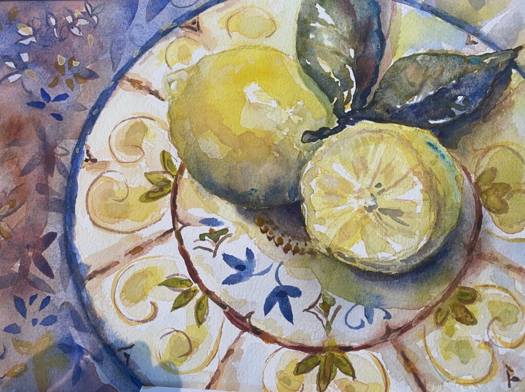 Citrus Cafe, original watercolor painting of lemons on a decorative plate