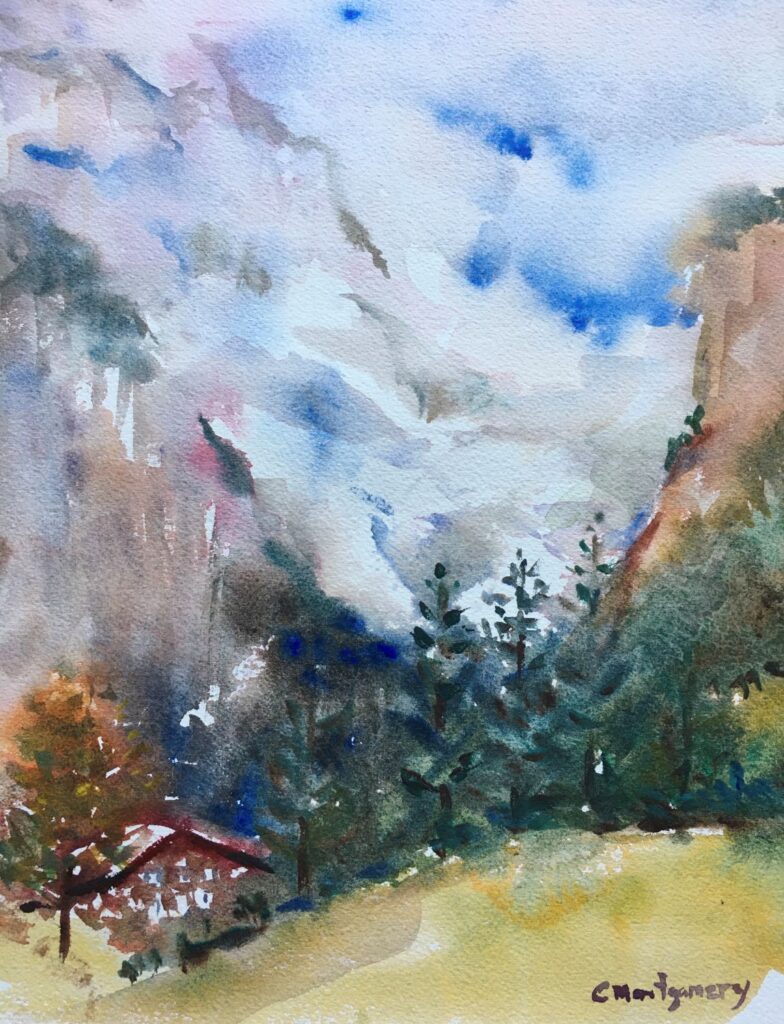 Cloudy Day in Lauterbrunen, original watercolor painting of two mountains with clouds in the sky between and trees and house in the foreground