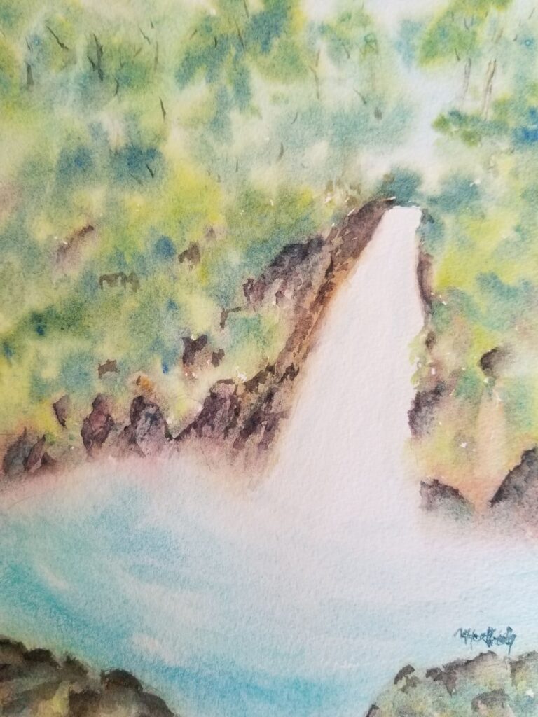 Costa Rican Waterfall, original watercolor painting of a waterfall flowing into a pool with light green trees on either side