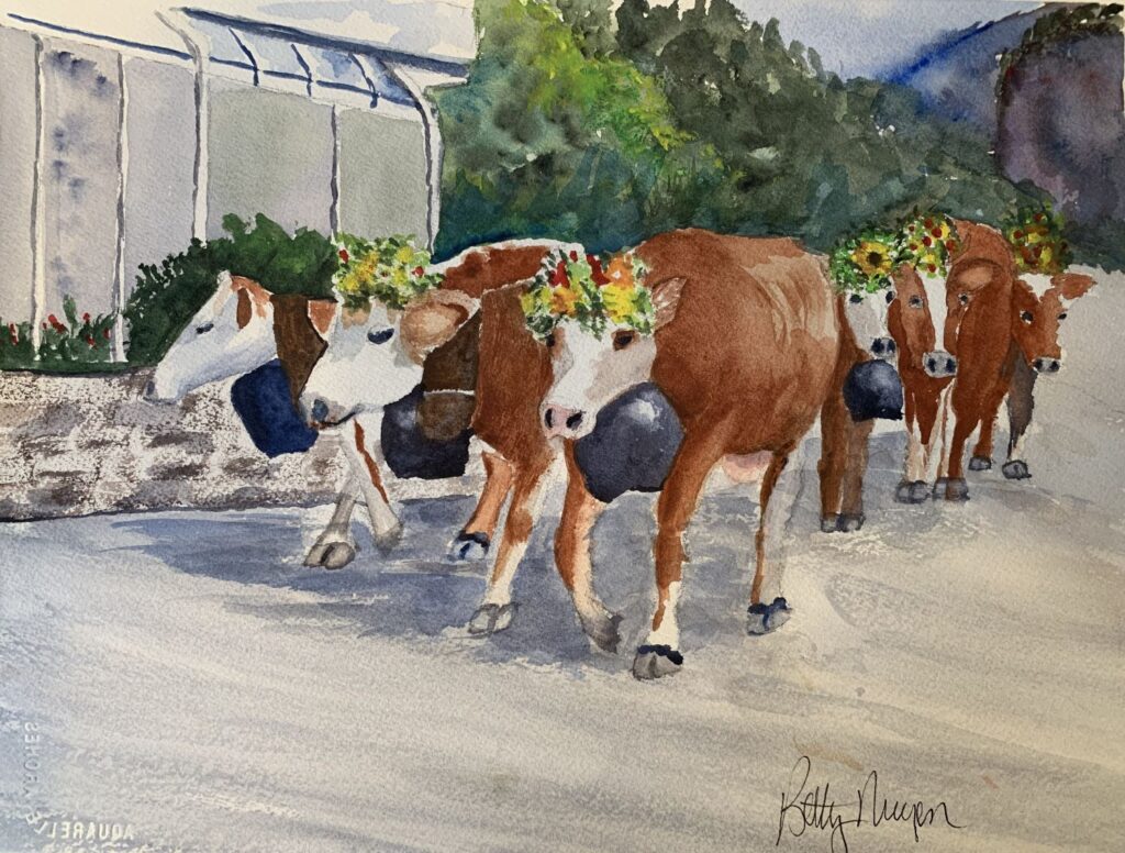 Cow Parade, original watercolor of cows with bells marching in a parade