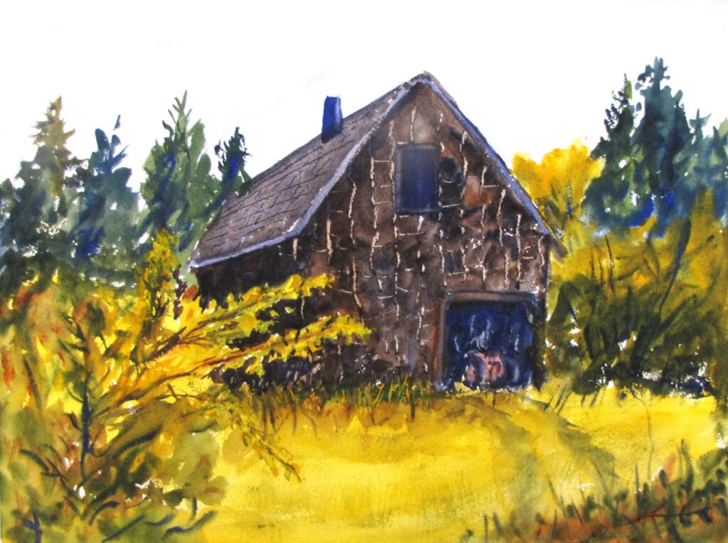 Dark Shed, original watercolor painting of old brown barn with golden grass and trees around