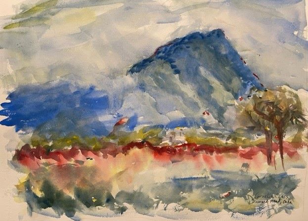 Diamond Head Jewels, original watercolor painting of clouds over a volcano crater with red bushes in the foreground