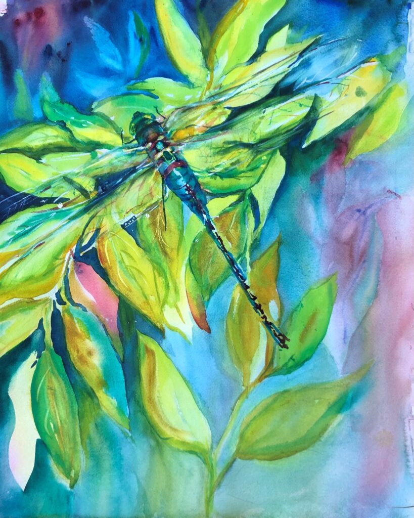 Dragonfly, original watercolor painting of a dragonfly on leave with a teal and purple background