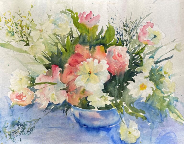 Flowers in Blue Vase, original watercolor painting of white and pink flowers in a blue vase with blue shadowing around the bottom and whites surrounding the upper background.