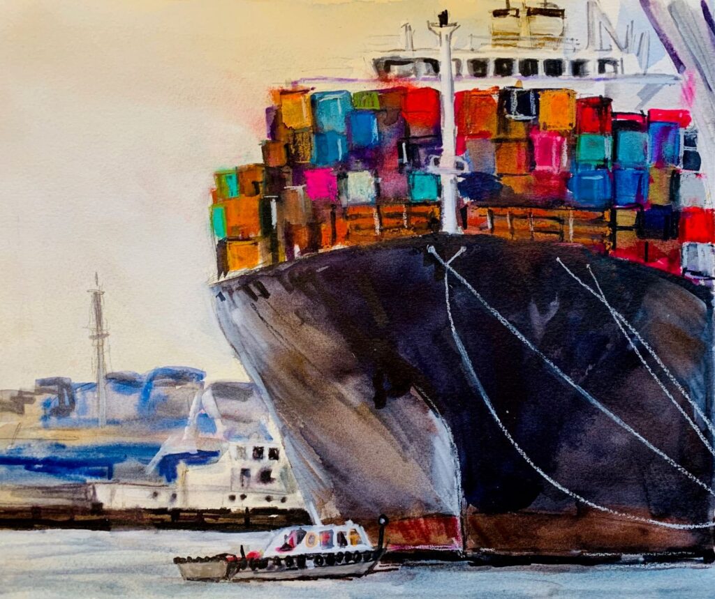 Global Warming, original watercolor painting of a ship in a harbor loaded with brightly colored cargo