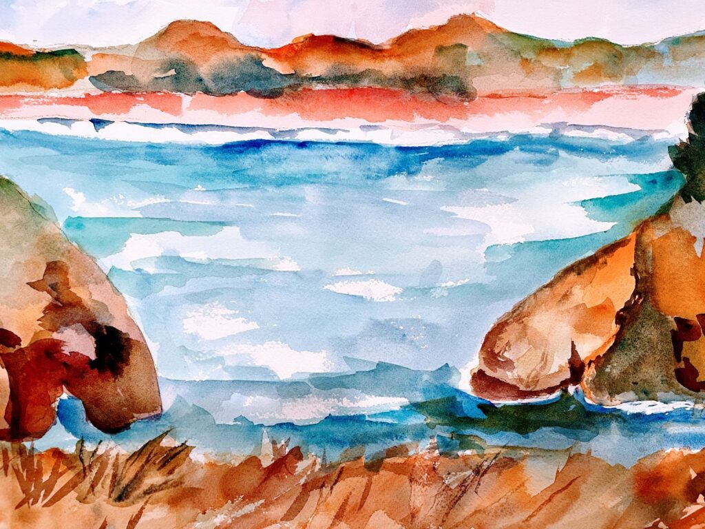 Cobble Beach, original watercolor of water surrounded by red rocks