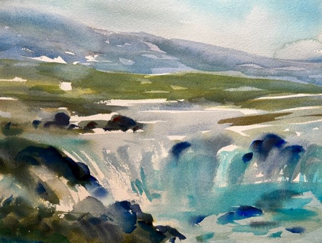 Gullfoss II, original watercolor painting of a round waterfall with rocks around