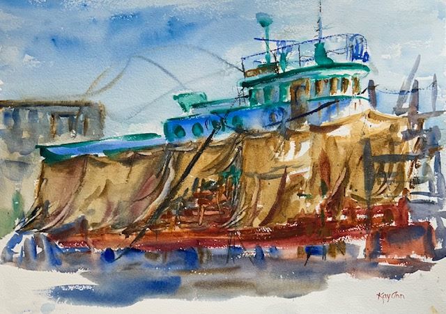 Henrietta Foss Tug, original watercolor painting of an old tug in repair draped with tarps and equipment around