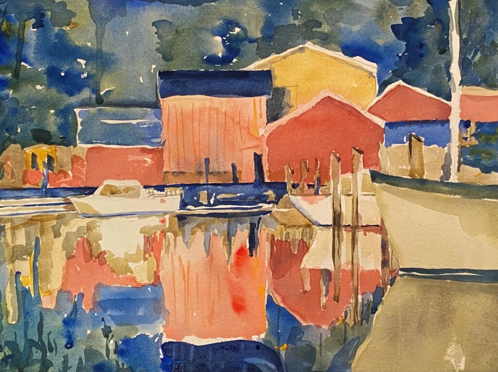 Jessies 2, original watercolor painting of orange toned buildings reflecting over the water