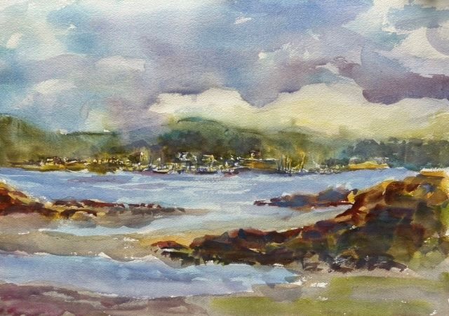 Kitterly Maine, original watercolor painting of a rocky coast and waves crashing over the rocks