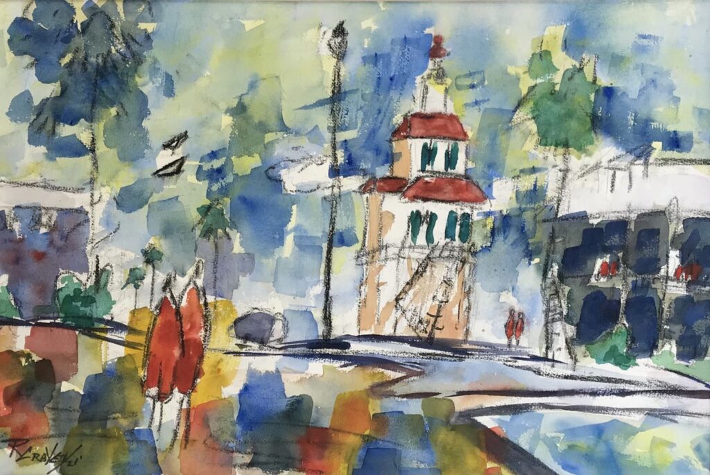 Lighthouse Observation, original watercolor painting of a white and red lighthouse with bushes and people around