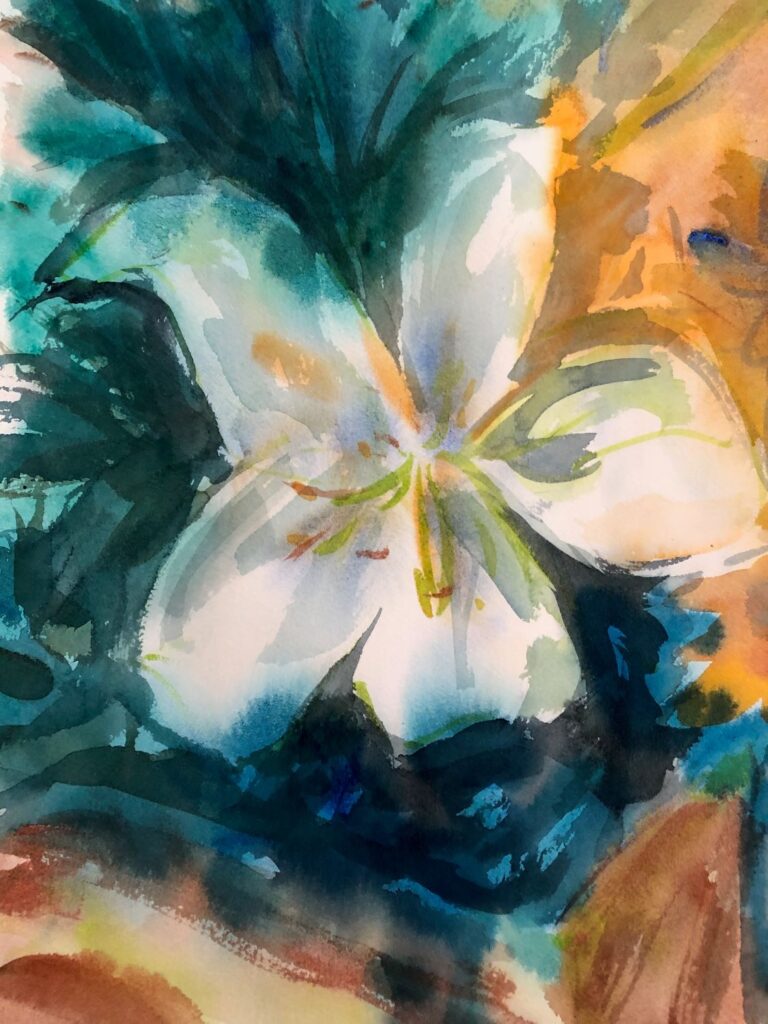 Lily, original watercolor painting of a single lily with the dark green leaves as a background