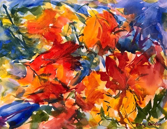 Fall Colors, original watercolor of bright orange and red fall leaves