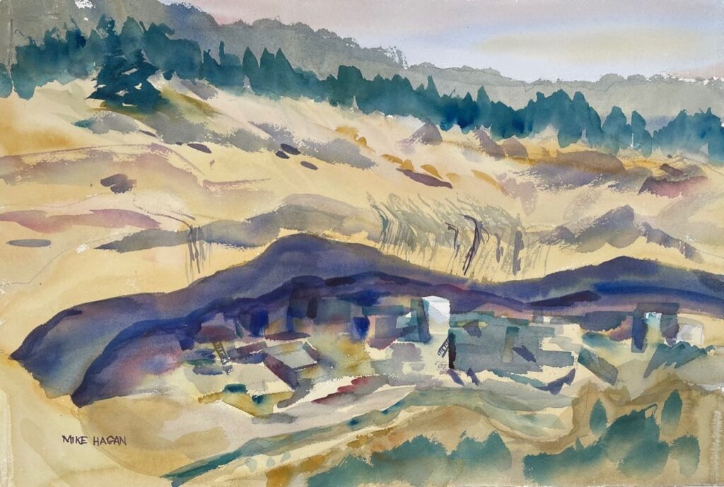 Mesa Verde Cliff Dwelling, original watercolor painting of a old Native American village built in the edge of a cliff with trees on the ridge above the village and a valley below